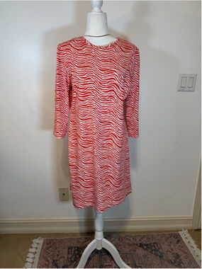 J.McLaughlin coral Red White Zebra Print Mini Dress L, back zip. Stretchy